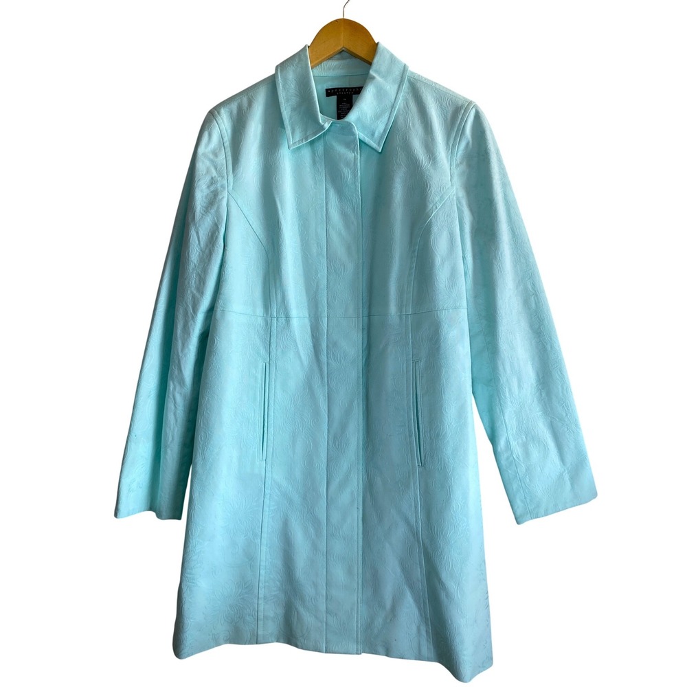 Apostrophe Stretch Womens‎ Pastel Teal Floral Jacquard Car Coat Jacket Size 14